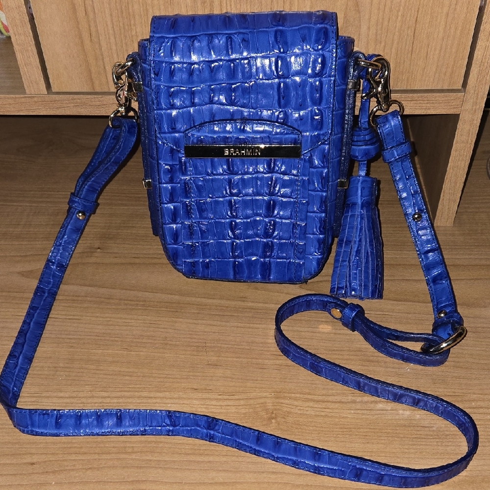 Brahmin Electric Blue Croc-Embossed Crossbody Bag